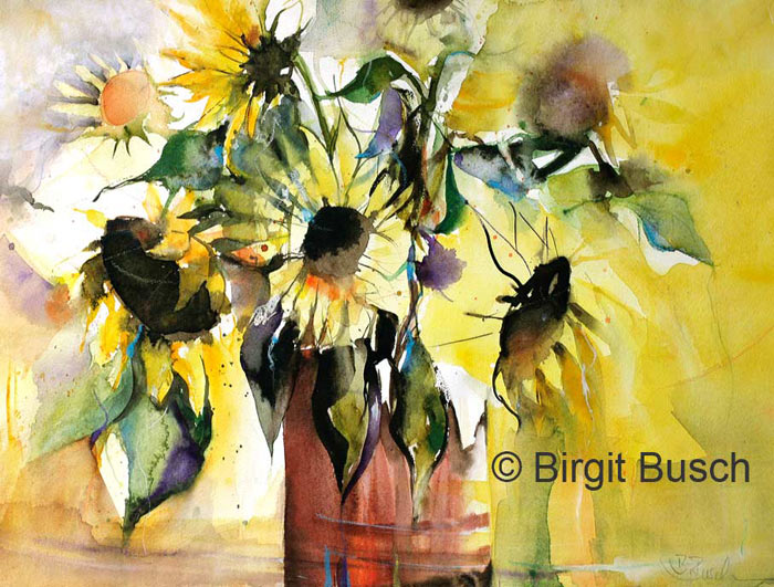 Sonnenblumen Aquarelle in roter Vase