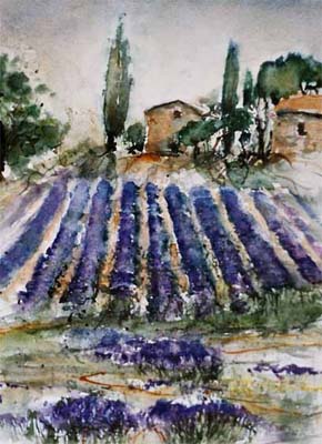 Aquarelle Provence Lavendel Feld mit Haus