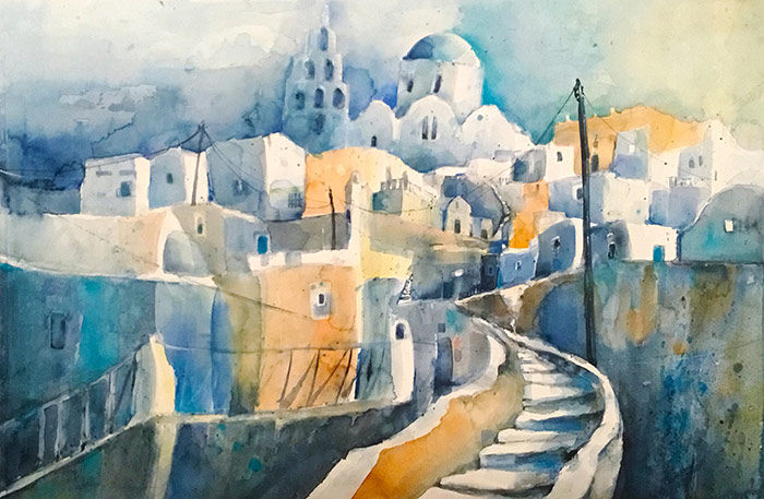 Santorin Aquarell von Birgit Busch